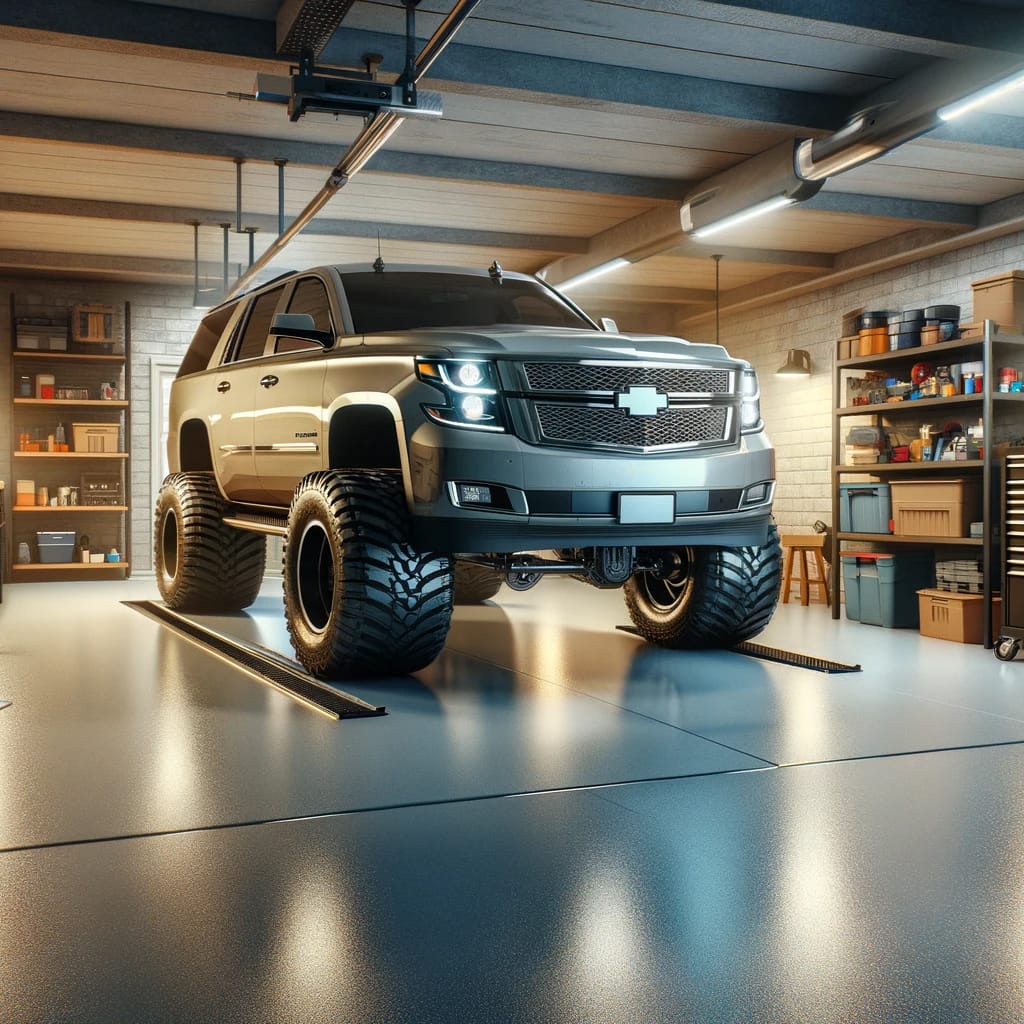 A realistic image in a 16_9 aspect ratio depicting the durability and strength of an epoxy floor in a single-family house garage