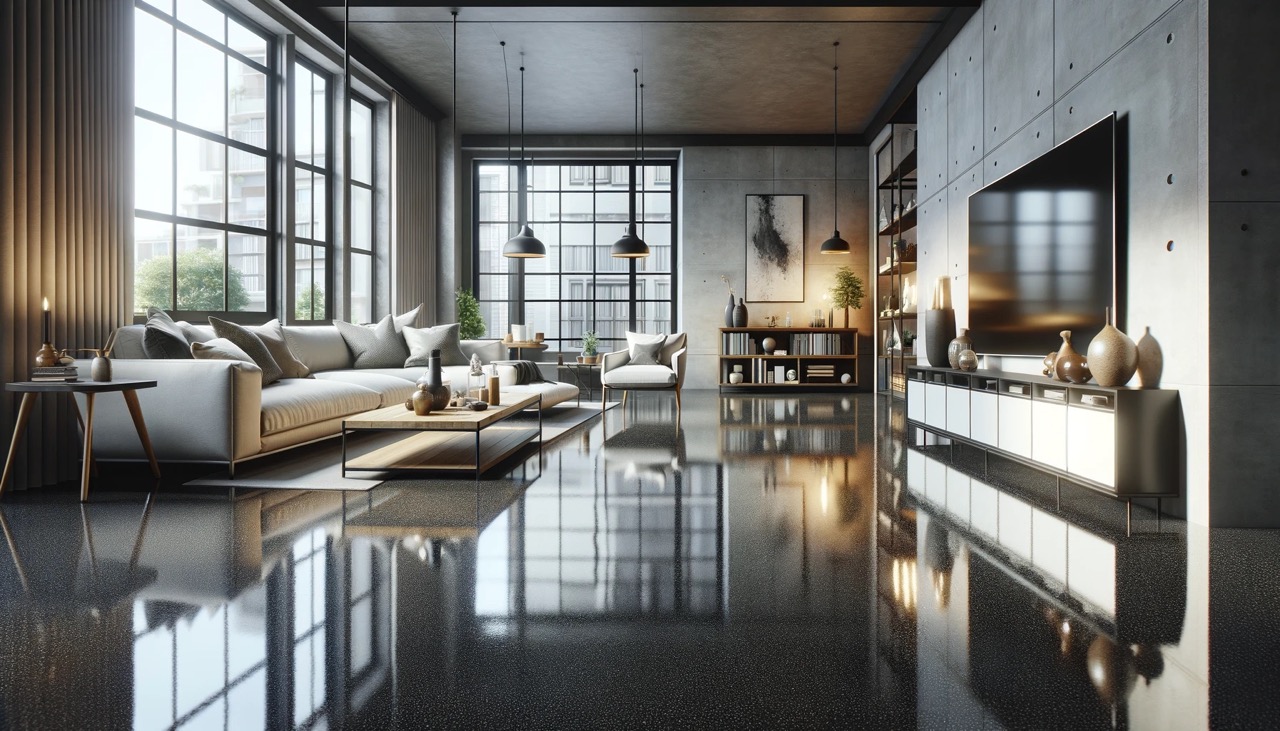 a living room with epoxy flooring. The living room is stylishly decorated with contemporary furniture