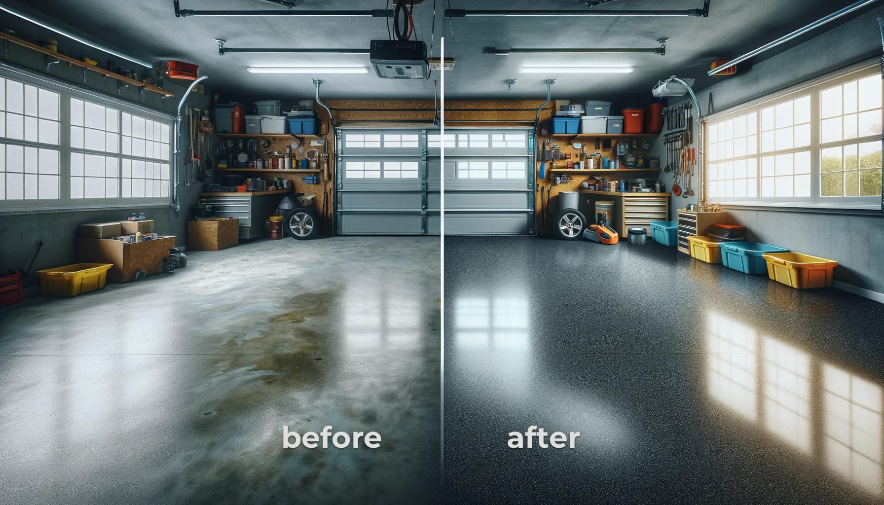 before-and-after image showcasing the transformation of an epoxy floor in a single-family house garage